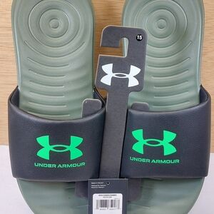 Under Armour Men's Slides in Olive Green and Neon Green Logo